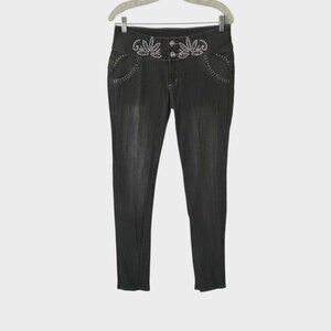 Silver Diva Jeans Rhinestone Embellished  Low Rise Black Wash Y2K Stretch Sz 15